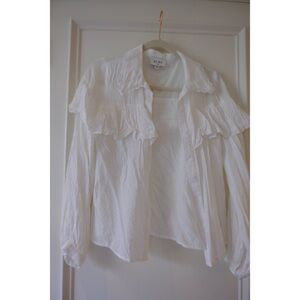 AURA WHITE SHEER WITH LACE DETAIL COLLAR AND RUFFLES BUTTON DOWN - SIZE S